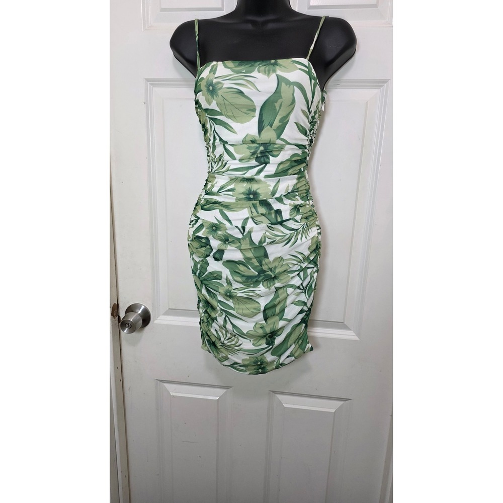 Hello Molly Tropical Leaf Print Ruched Mini Dress Womens  4 Green White Cutout‎